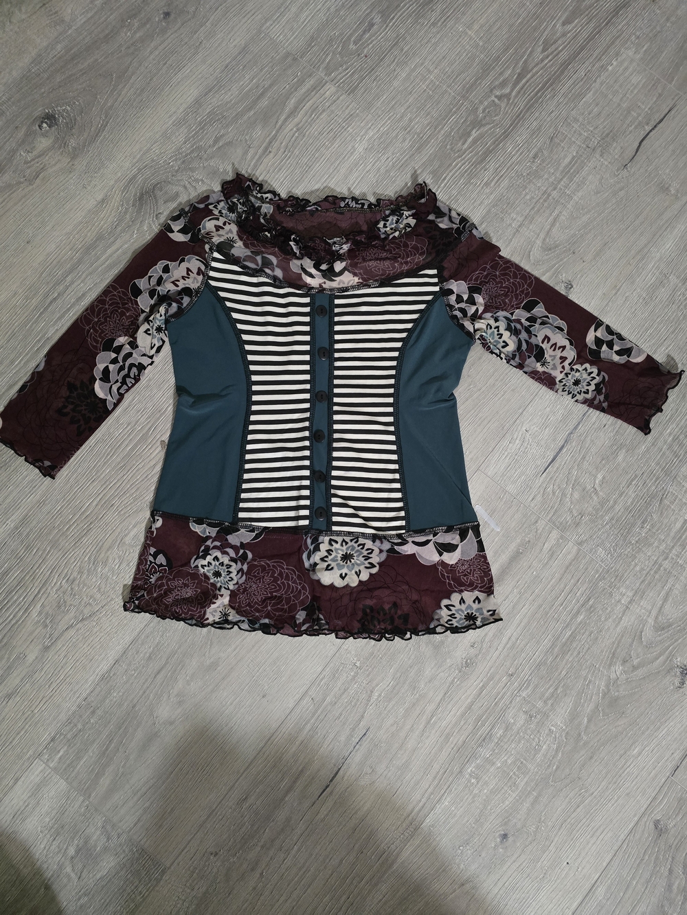 Y2K Cahoots Mesh Floral Striped Patchwork Top